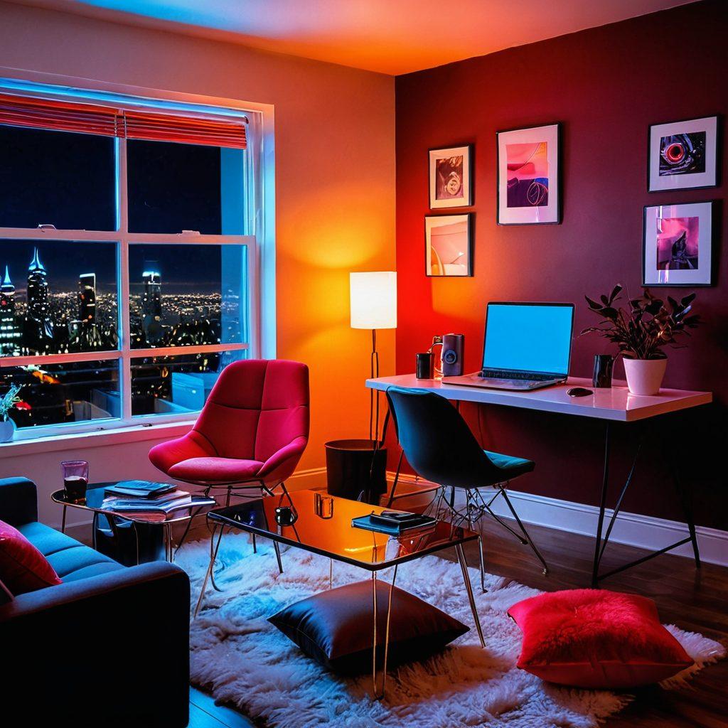 A sleek, modern workspace featuring a stylish laptop displaying adult film thumbnails, surrounded by trendy decor like neon lights and plush cushions. Soft shadows cast by a glowing aura create a seductive ambience, inviting exploration of naughty content trends. Add elements like a vintage film camera and a glass of wine for an adult touch. vivid colors. contemporary style. seductive mood.