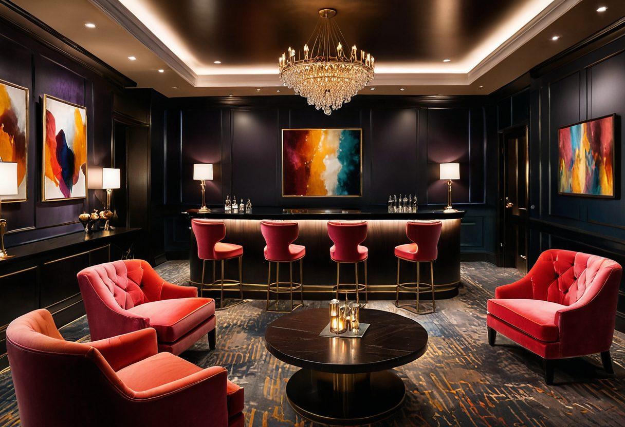 A sophisticated and vibrant adult entertainment lounge, with plush velvet seating, dim lighting, and a stylish bar featuring colorful cocktails. Tasteful art on the walls reflects sensual themes, and the atmosphere feels inviting and intriguing. A subtle mix of playful and elegant nuances creates a sense of exploration and indulgence. super-realistic. vibrant colors. soft focus.